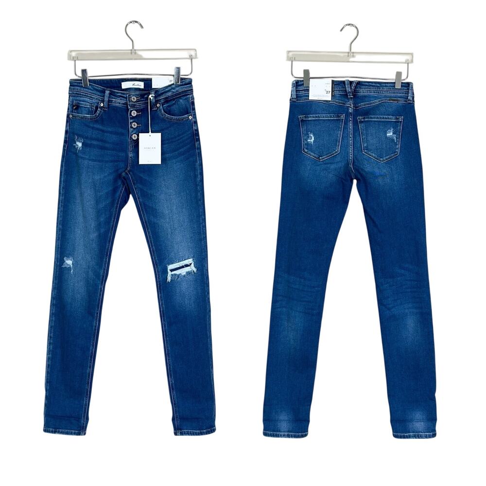 NEW Kancan | Mid Rise Skinny Straight Distressed Button Fly Dark Wash Jeans 27